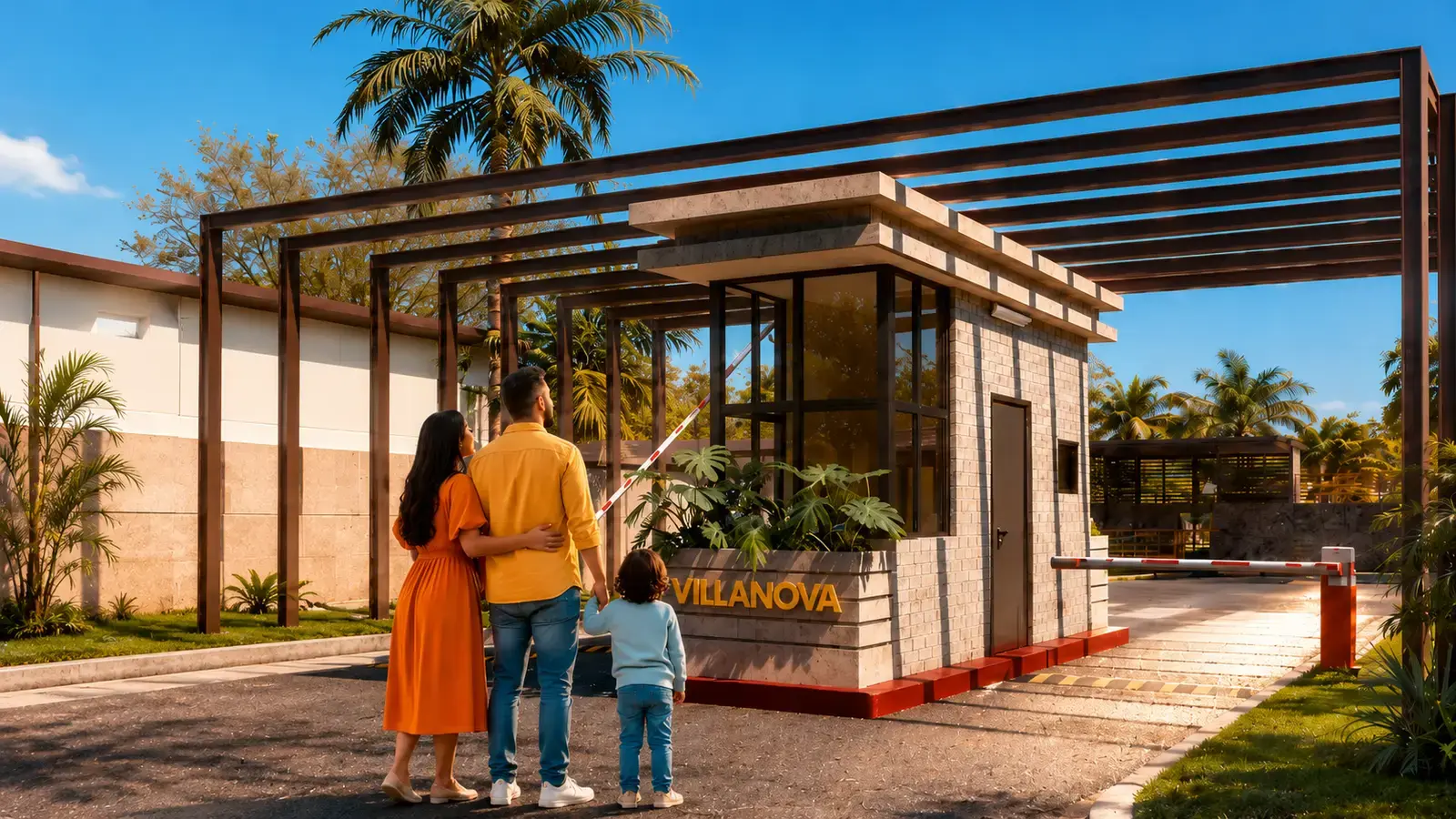 Familia frente a la entrada de Villa Nova